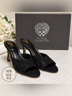 NIBox Vince Camuto Crystal Embellished Black Mule Heels Evening Shoes 9.5